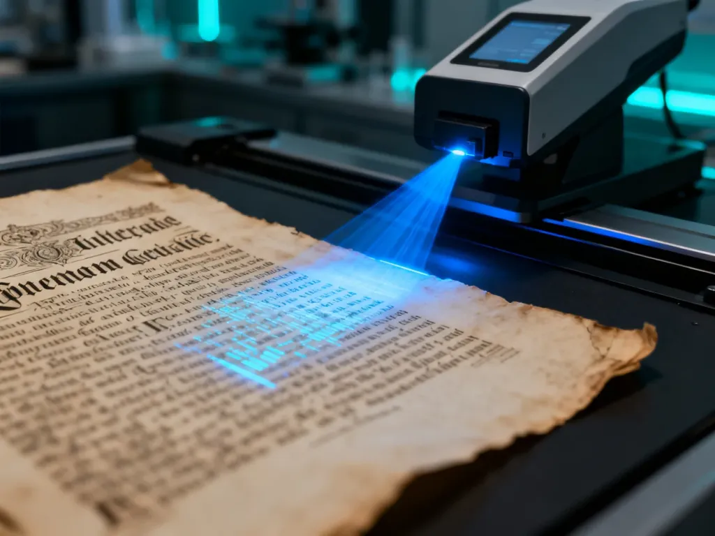 Nowoczesny skaner cyfrowy odczytuje stary dokument za pomocą niebieskiej wiązki lasera, zamieniając tekst na dane cyfrowe.