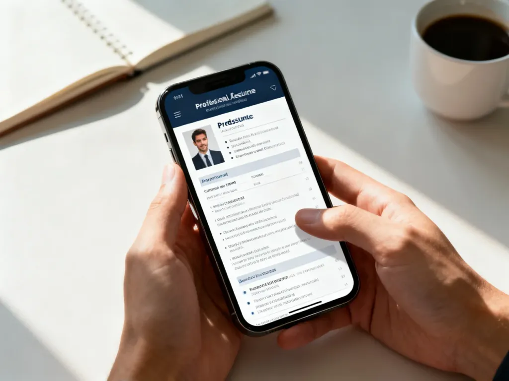 Dłonie trzymające smartfon z otwartym szablonem CV na ekranie, na tle minimalistycznego biurka.