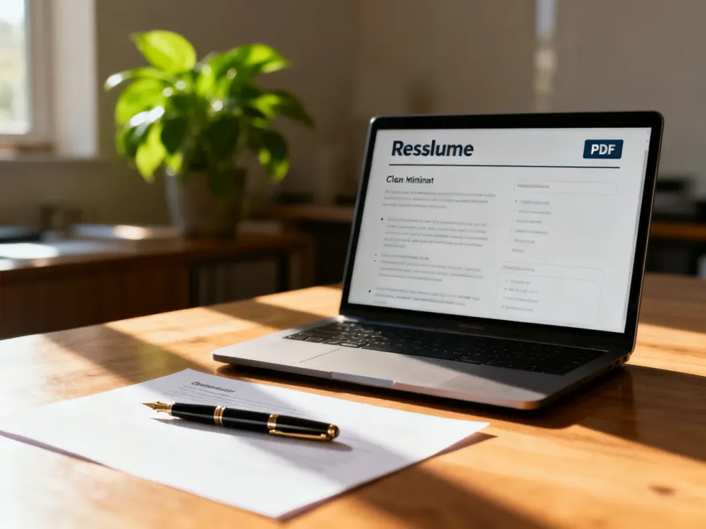 Nowoczesny laptop z otwartym szablonem CV w formacie PDF oraz eleganckie pióro na drewnianym biurku.